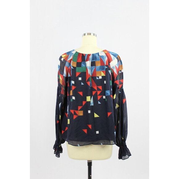 JOIE Burella Navy Geometric Print 100% Silk Georgette Ruffle Blouse, Size S - Picture 4 of 14